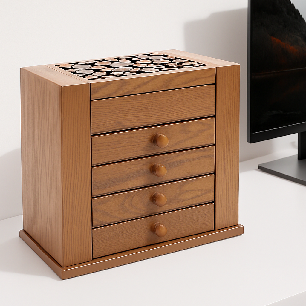 Boîte à Bijoux en Bois à 4 Tiroirs avec Miroir