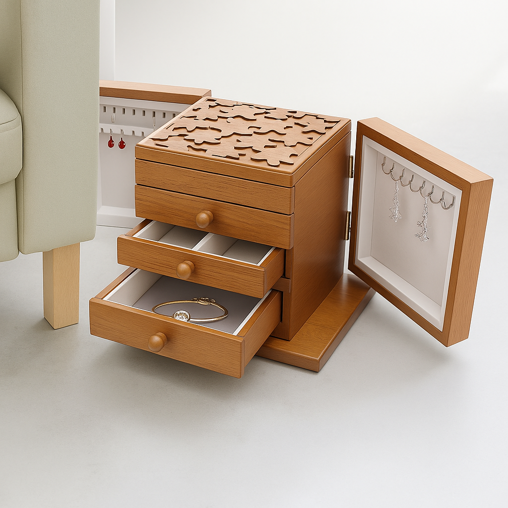 Boîte à Bijoux en Bois à 4 Tiroirs avec Miroir