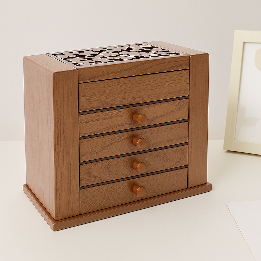 Boîte à Bijoux en Bois à 4 Tiroirs avec Miroir