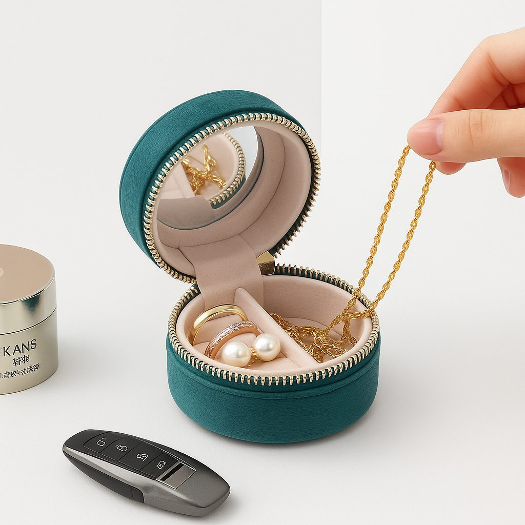 Boîte à Bijoux Ronde de Poche en Velours
