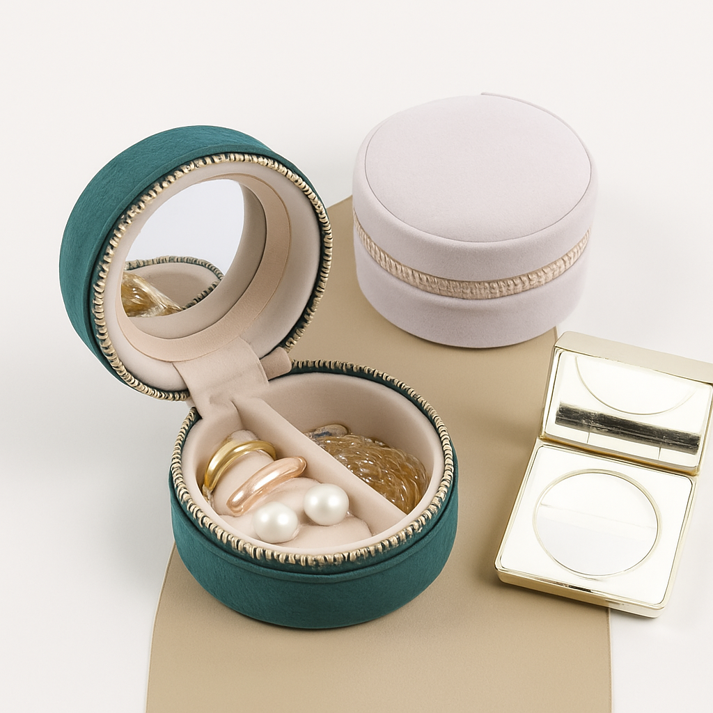Boîte à Bijoux Ronde de Poche en Velours