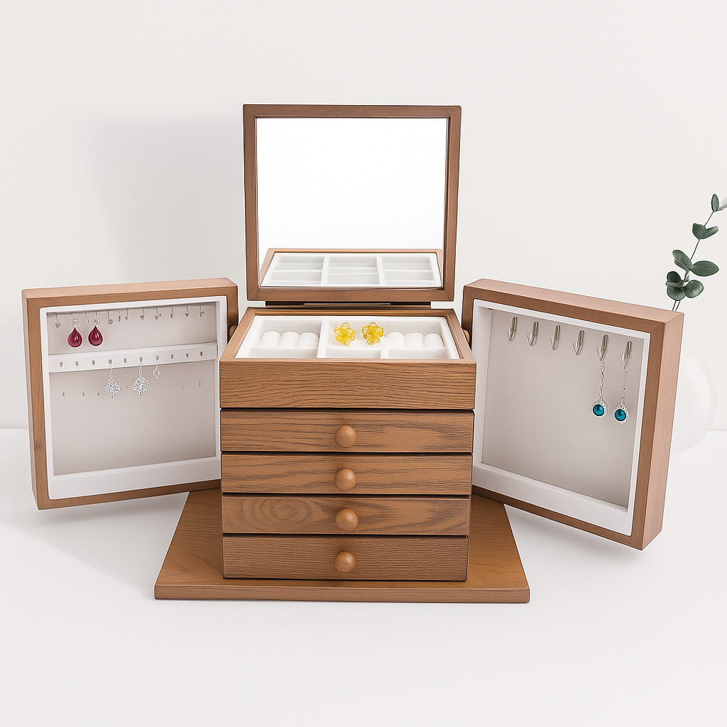Boîte à Bijoux en Bois à 4 Tiroirs avec Miroir