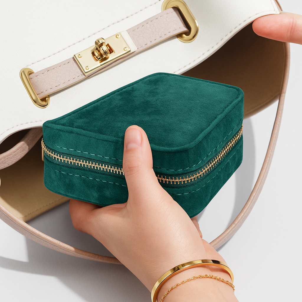 Boîte à Bijoux de Poche en Velours Vert Émeraude