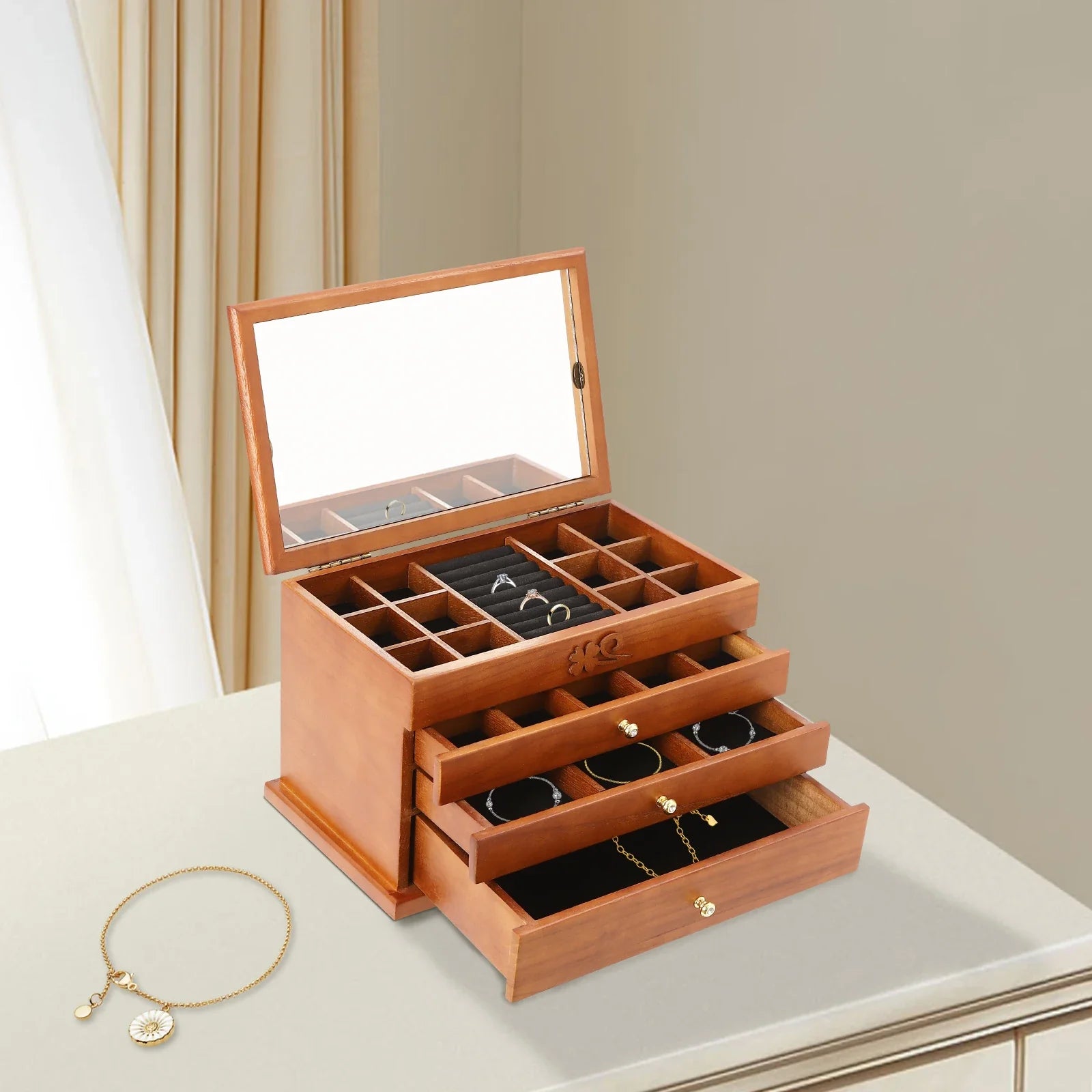Boîte à Bijoux 4 Niveaux avec Miroir Intégré