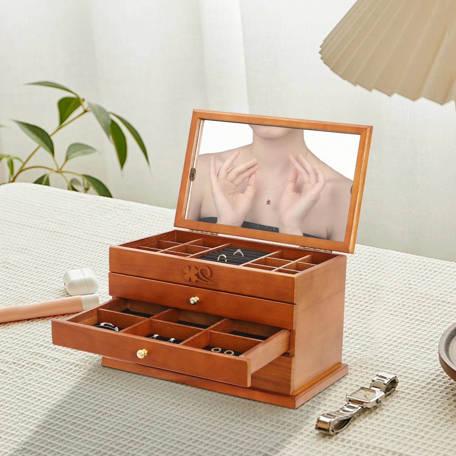 Boîte à Bijoux 4 Niveaux avec Miroir Intégré