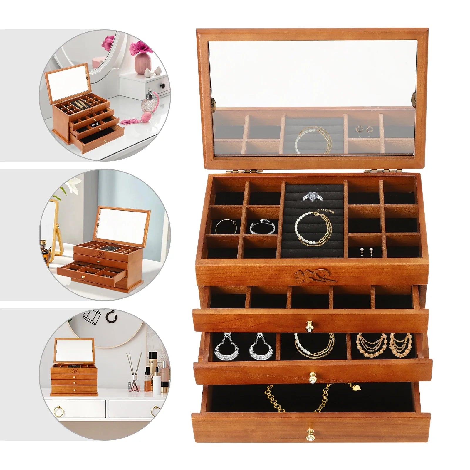 Boîte à Bijoux 4 Niveaux avec Miroir Intégré