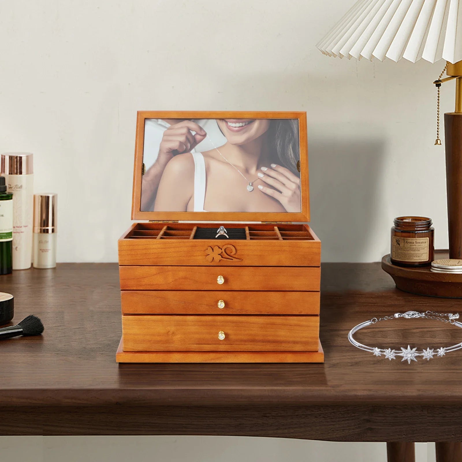 Boîte à Bijoux 4 Niveaux avec Miroir Intégré